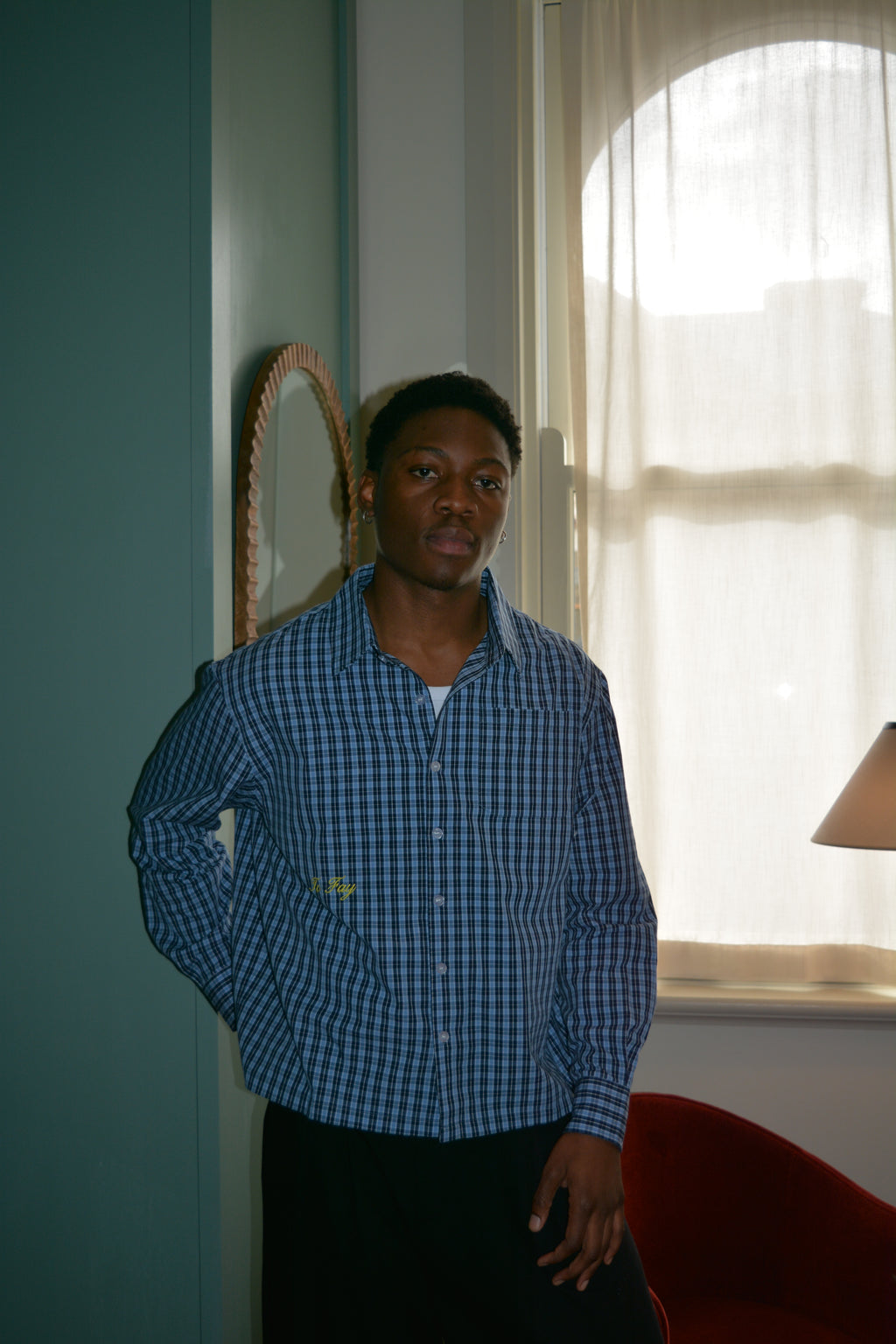 blue plaid long sleeve shirt