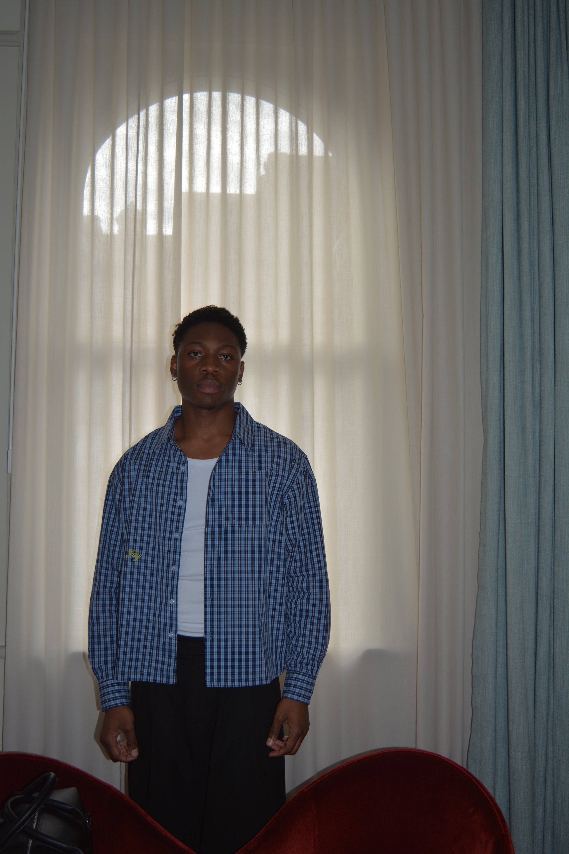 blue plaid long sleeve shirt