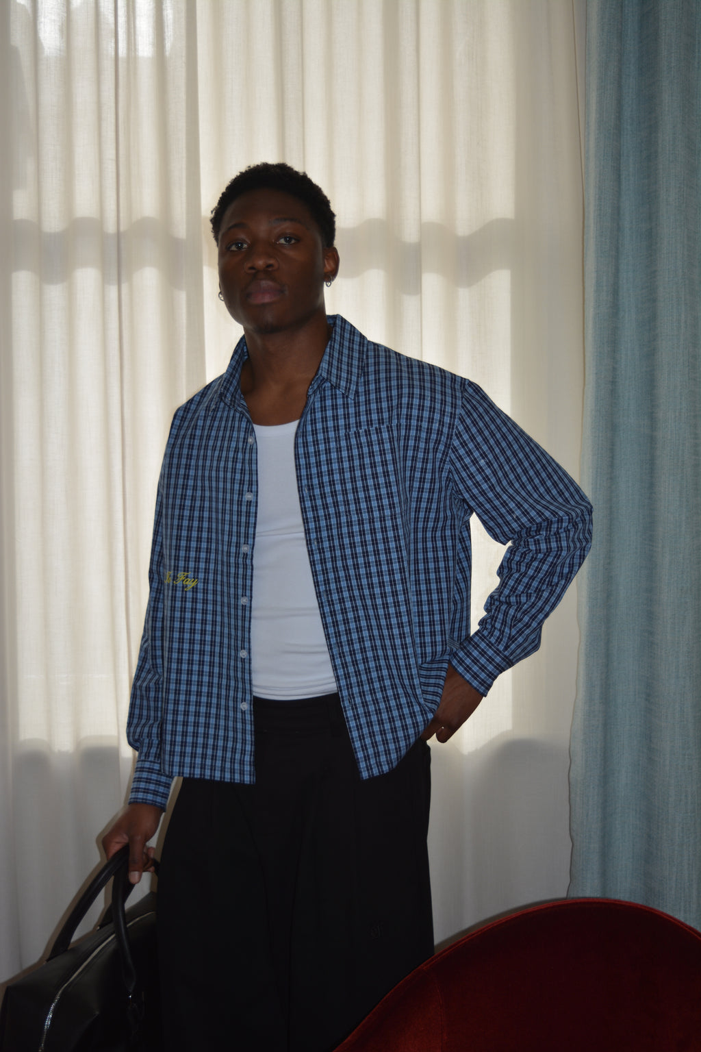 blue plaid long sleeve shirt
