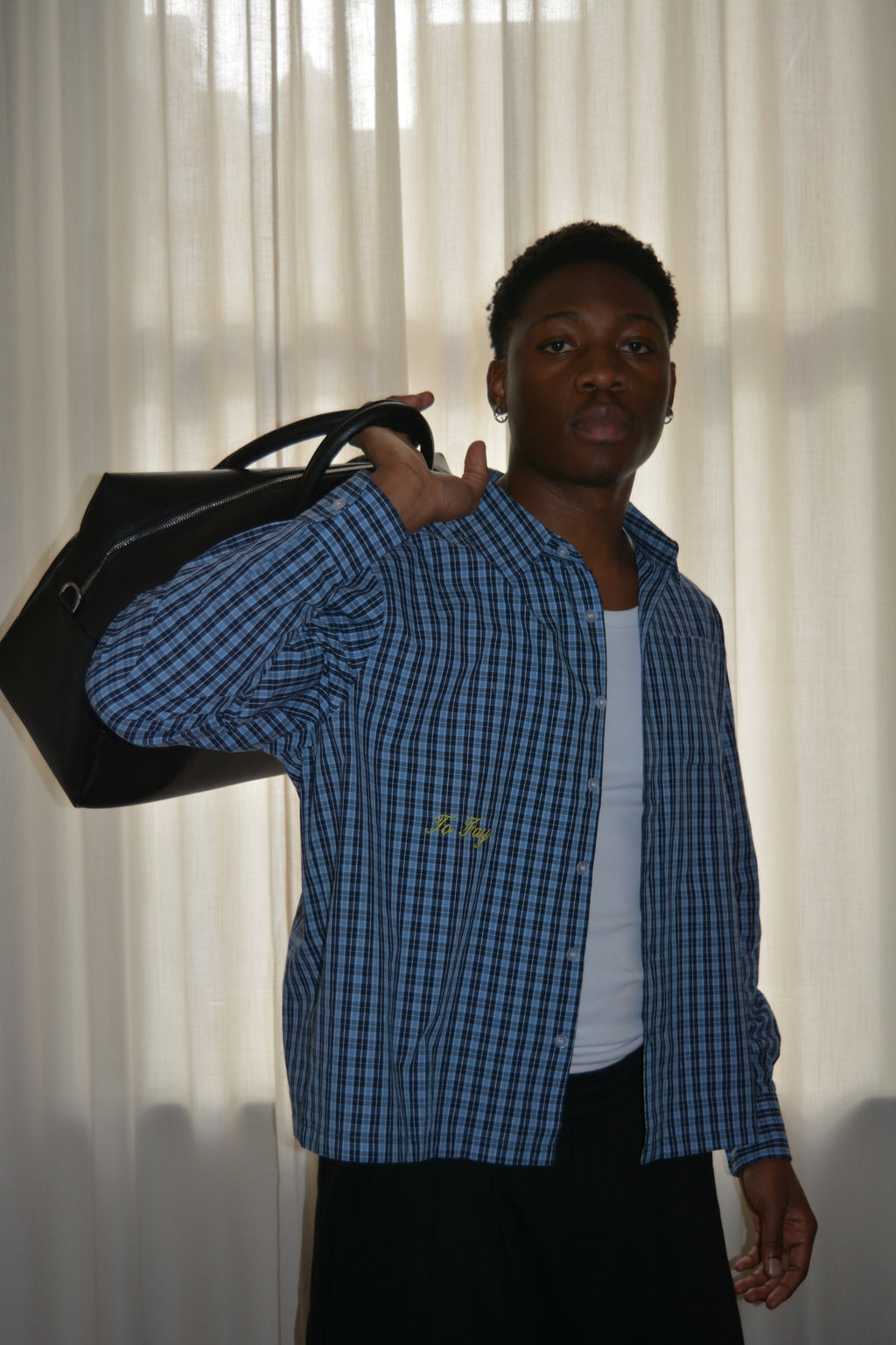 blue plaid long sleeve shirt