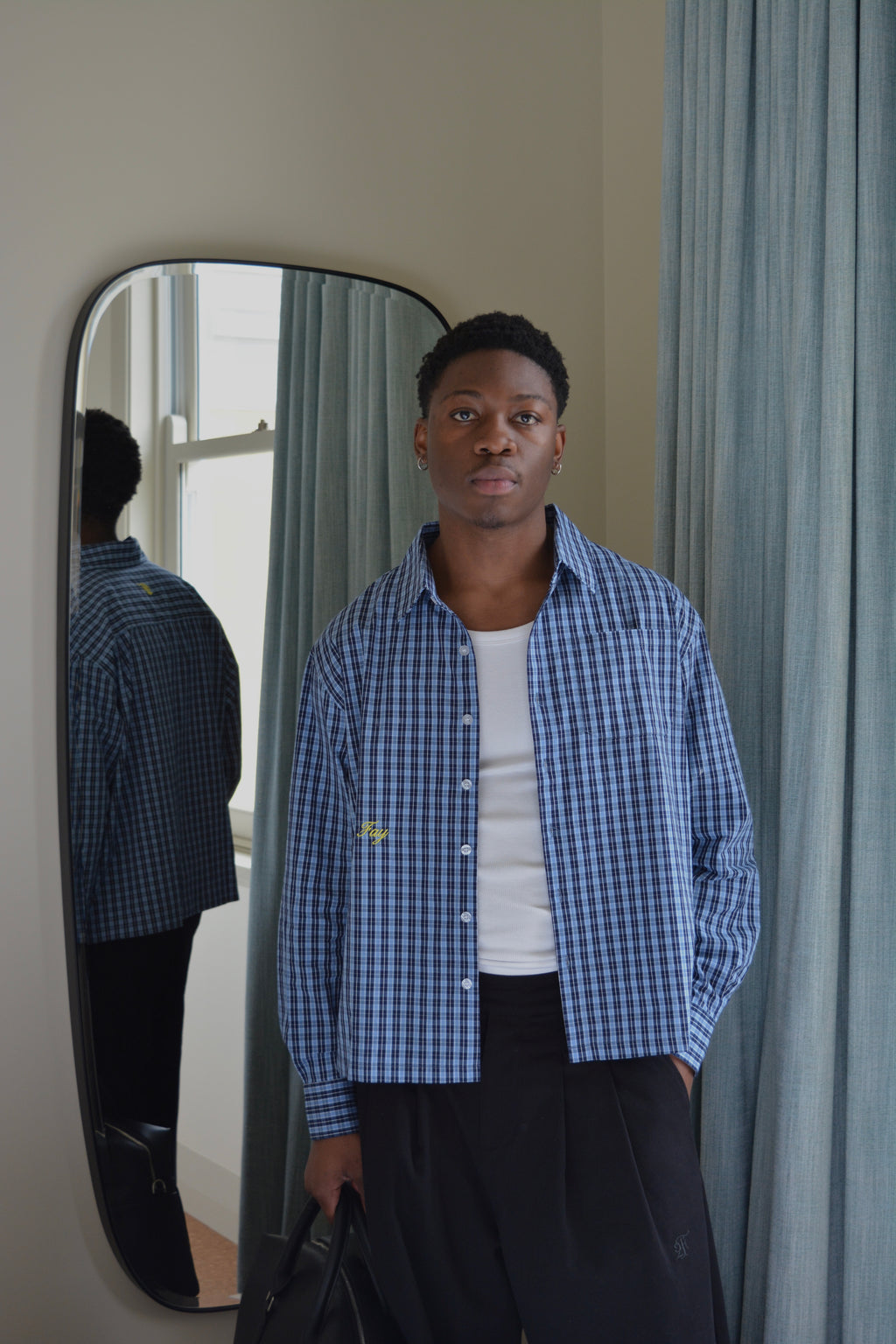 blue plaid long sleeve shirt