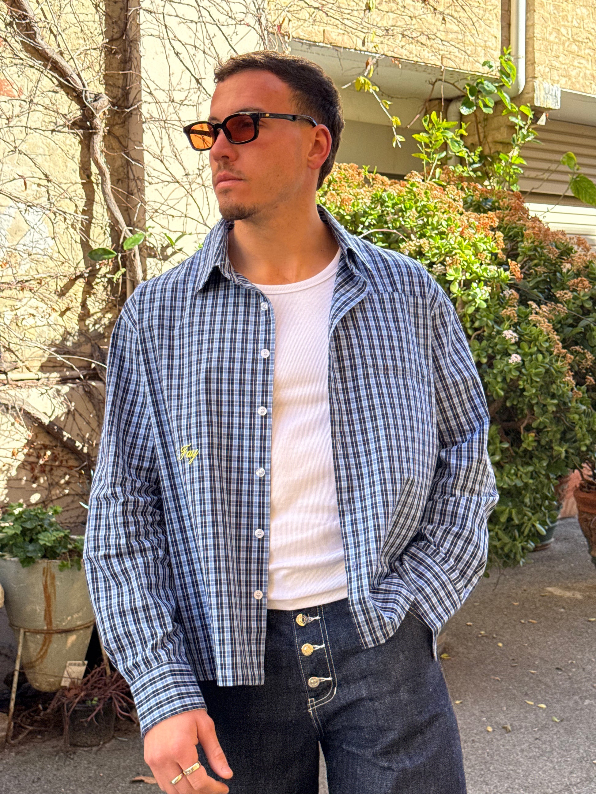 blue plaid long sleeve shirt